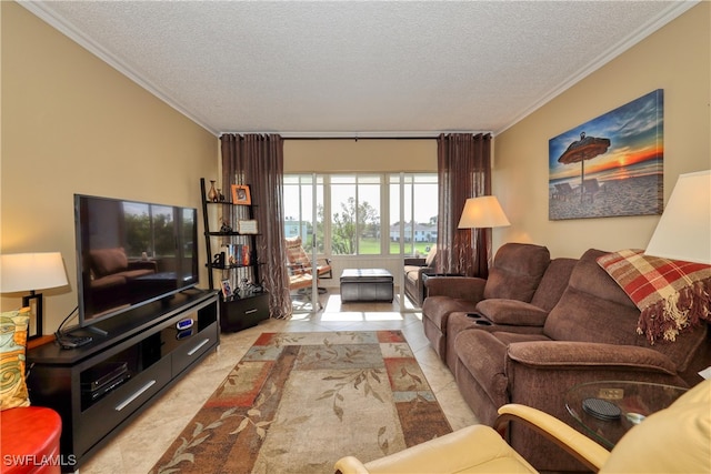 tiled living room with a textured ceiling and ornamental molding