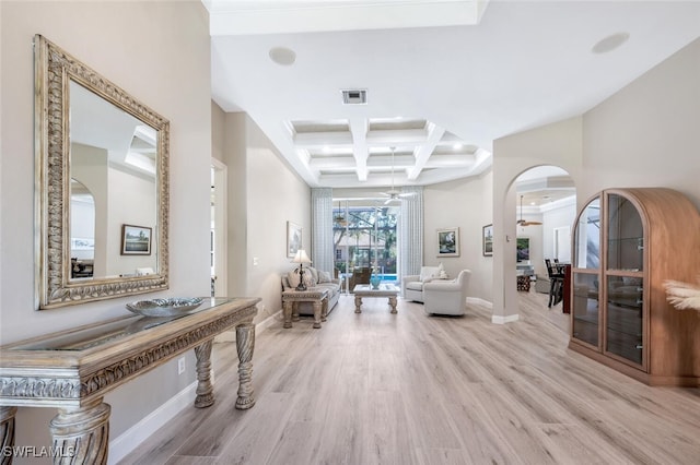 interior space with baseboards, visible vents, coffered ceiling, and wood finished floors