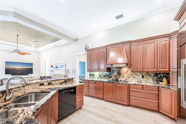 kitchen featuring open floor plan, custom exhaust hood, crown molding, black appliances, and a sink