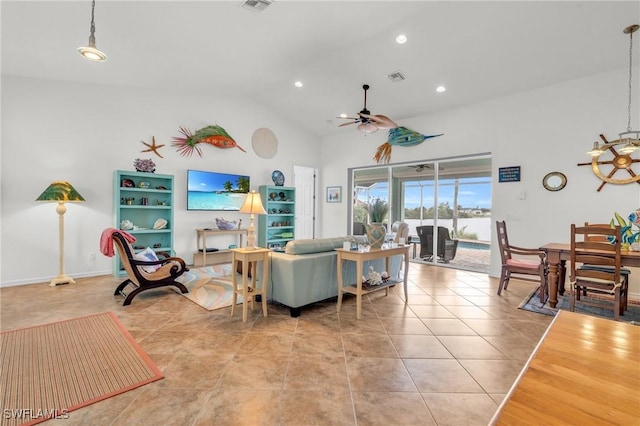 living area with light tile patterned floors, high vaulted ceiling, recessed lighting, visible vents, and a ceiling fan