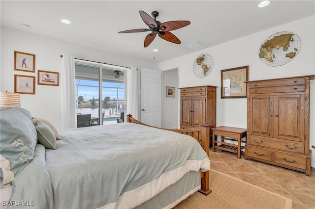 bedroom with access to exterior, recessed lighting, a ceiling fan, and light tile patterned floors