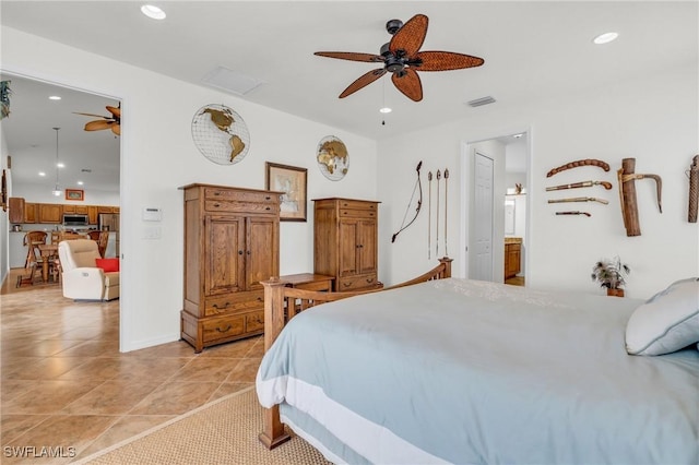 bedroom with recessed lighting, visible vents, ceiling fan, and light tile patterned floors