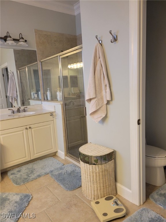 bathroom with crown molding, a shower with door, vanity, and toilet