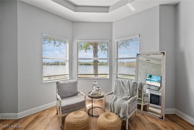 living area featuring light wood-type flooring, a water view, a fireplace, and baseboards