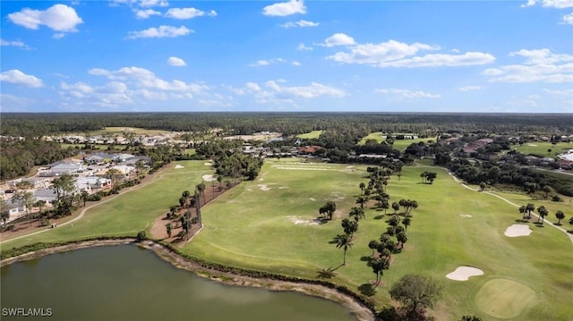 aerial view featuring view of golf course and a water view