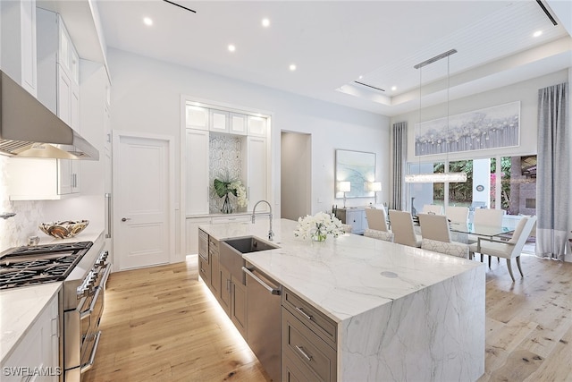 kitchen with white cabinetry, a large island, sink, appliances with stainless steel finishes, and light wood-type flooring