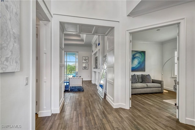 6399 Warwick Ave, Naples, FL 34113 - corridor with crown molding, wood finished floors, and baseboards