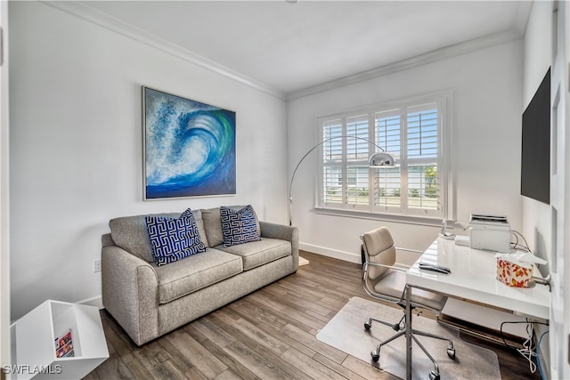 office space with hardwood / wood-style flooring and ornamental molding