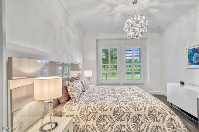 bedroom with a notable chandelier, dark hardwood / wood-style flooring, and crown molding