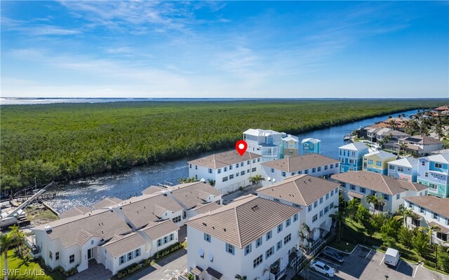 drone / aerial view featuring a water view