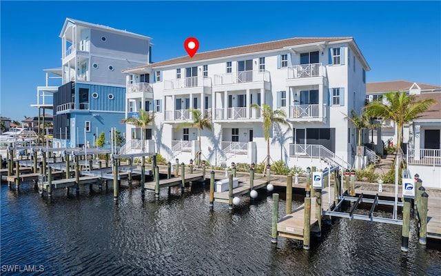 dock area with a water view