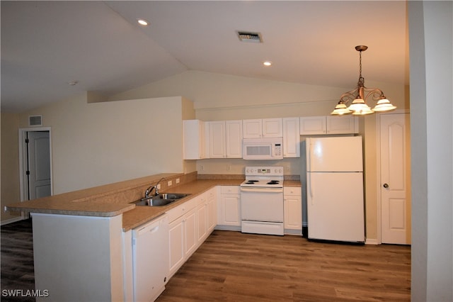 kitchen with white appliances, sink, an inviting chandelier, white cabinetry, and lofted ceiling