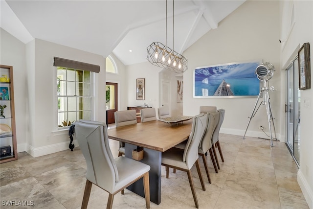 dining room featuring beamed ceiling, high vaulted ceiling, and an inviting chandelier