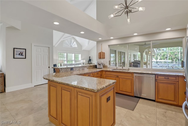 kitchen featuring an inviting chandelier, stainless steel dishwasher, lofted ceiling, and sink