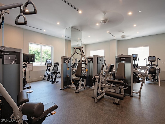 gym featuring ceiling fan