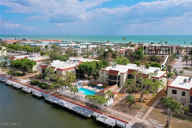 aerial view featuring a water view