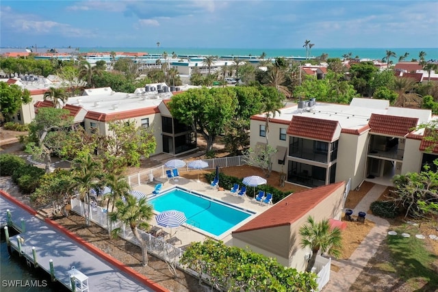 aerial view featuring a water view