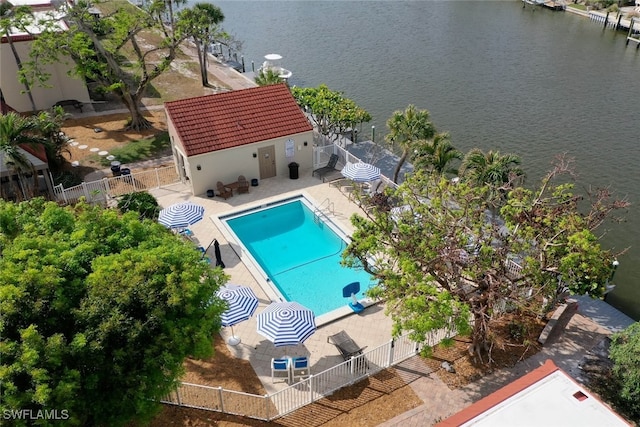 drone / aerial view featuring a water view