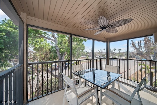 unfurnished sunroom featuring ceiling fan and wooden ceiling