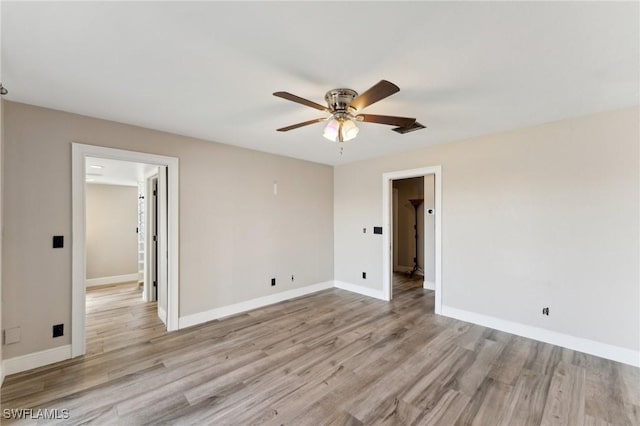 spare room featuring ceiling fan and light hardwood / wood-style floors