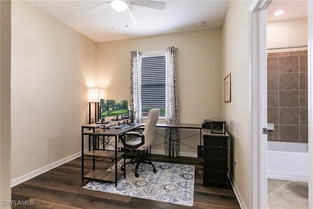 home office featuring ceiling fan and wood-type flooring