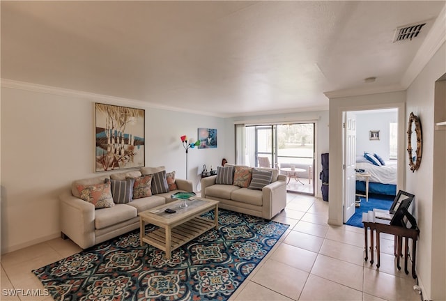 tiled living room featuring crown molding