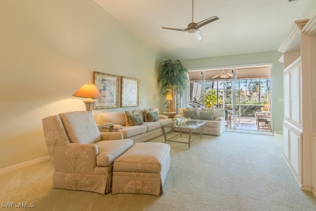 living room with light colored carpet, high vaulted ceiling, and ceiling fan