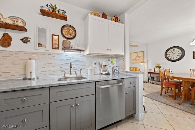 kitchen featuring dishwasher, white cabinets, sink, gray cabinets, and light stone counters