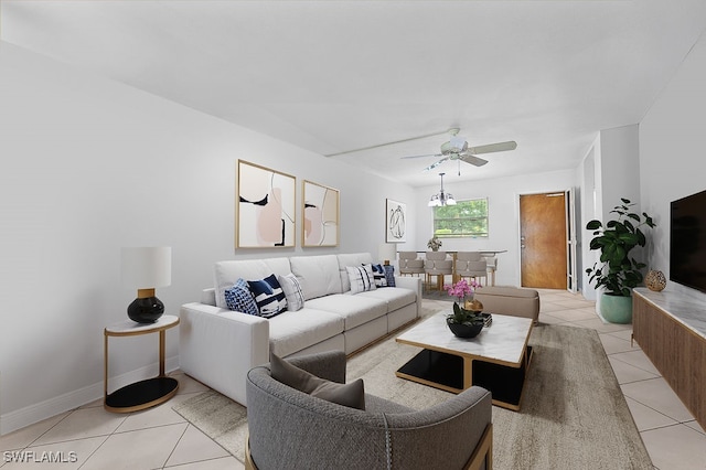 tiled living room featuring ceiling fan