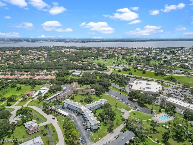 bird's eye view with a water view