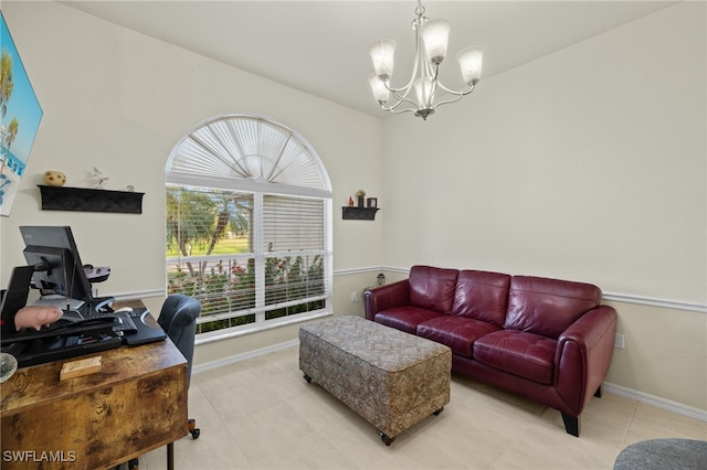 3530 NE 12th Ct, Cape Coral, FL 33909 - living area featuring a chandelier, baseboards, light tile patterned floors, and an office area