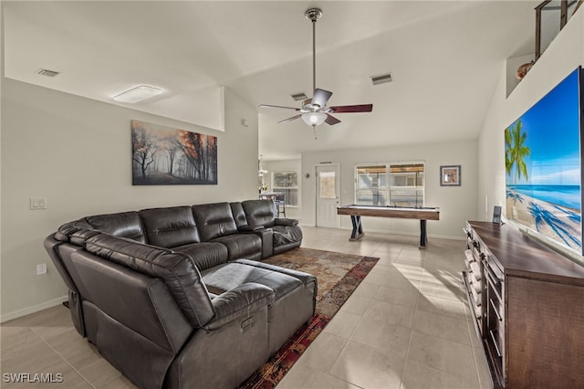 living room featuring light tile patterned floors, ceiling fan, and visible vents