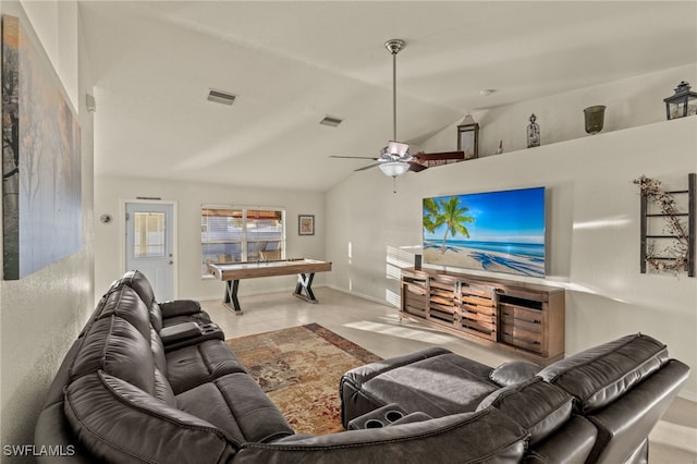 tiled living room with visible vents, vaulted ceiling, baseboards, and ceiling fan