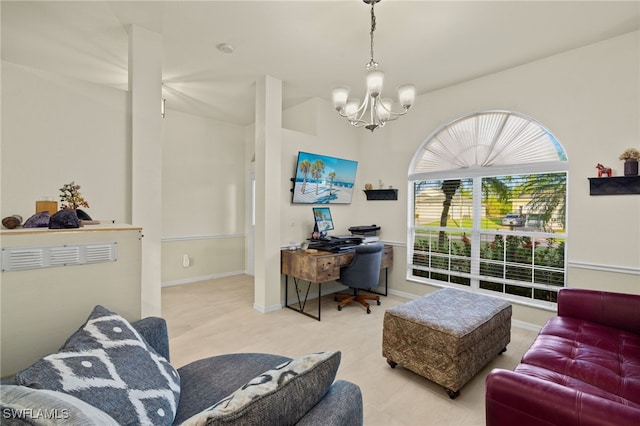 3530 NE 12th Ct, Cape Coral, FL 33909 - tiled living room featuring a chandelier, an office area, and baseboards
