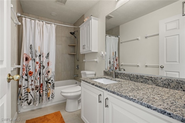 bathroom with toilet, visible vents, vanity, tile patterned floors, and shower / bathtub combination with curtain