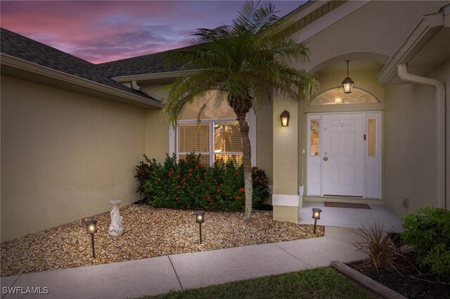 view of exterior entry with a shingled roof and stucco siding