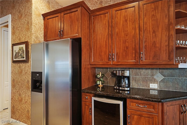 kitchen featuring dark stone countertops, stainless steel fridge with ice dispenser, backsplash, and wine cooler