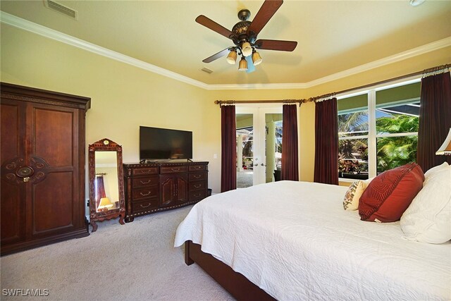 4126 SW 27th Ave, Cape Coral, FL 33914 - carpeted bedroom with crown molding, french doors, access to outside, and ceiling fan