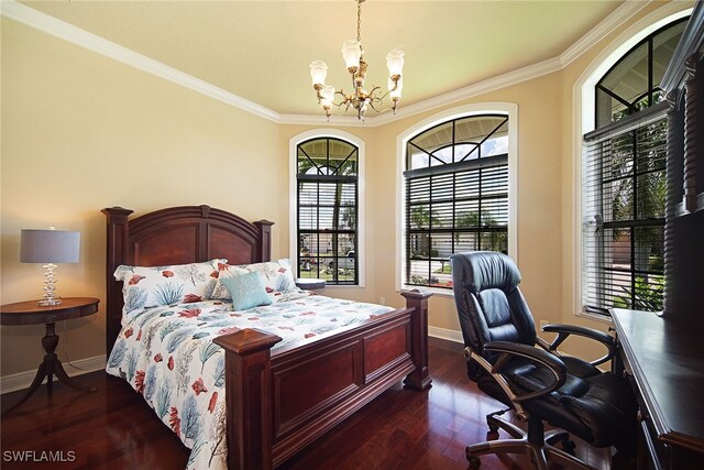 4126 SW 27th Ave, Cape Coral, FL 33914 - bedroom featuring a chandelier, baseboards, dark wood-type flooring, crown molding, and a desk