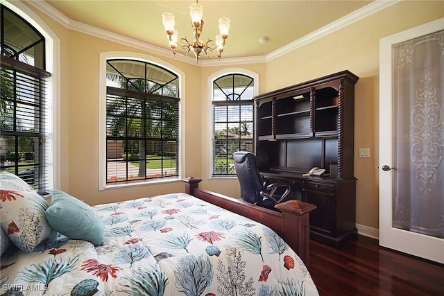 bedroom with crown molding, dark wood-type flooring, and an inviting chandelier