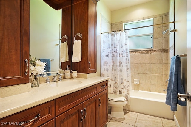 full bathroom featuring tile patterned floors, vanity, shower / bathtub combination with curtain, and toilet