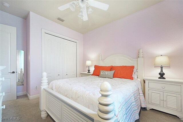 4126 SW 27th Ave, Cape Coral, FL 33914 - bedroom with light carpet, a closet, baseboards, and ceiling fan