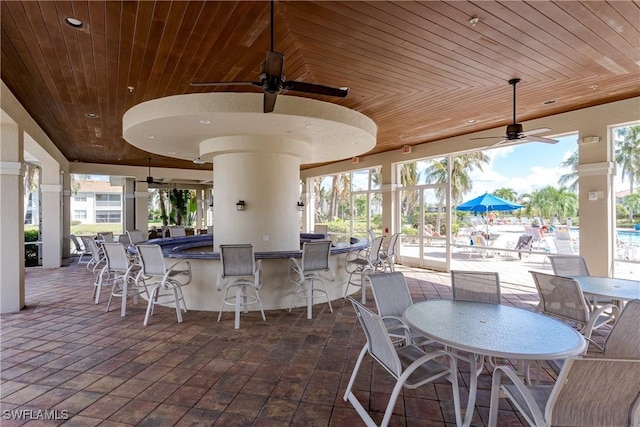 view of patio / terrace with ceiling fan and exterior bar