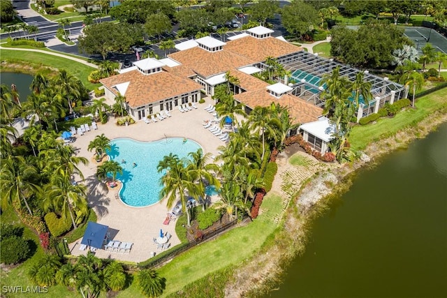 aerial view featuring a water view