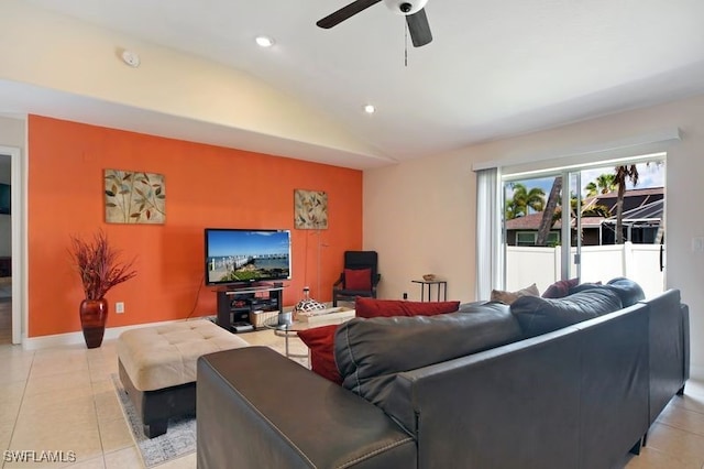 tiled living room with vaulted ceiling and ceiling fan