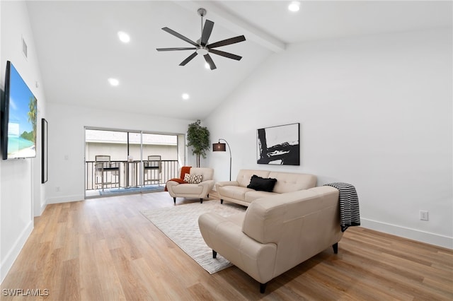 living room featuring ceiling fan, beamed ceiling, high vaulted ceiling, and light wood-type flooring