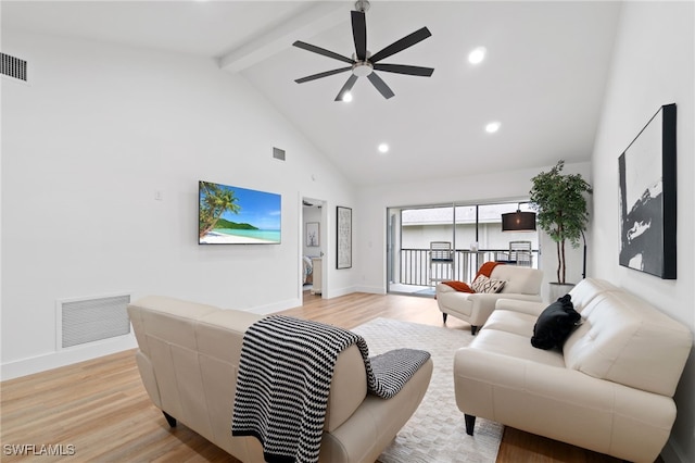 living room featuring beam ceiling, ceiling fan, light hardwood / wood-style flooring, and high vaulted ceiling