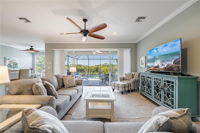 carpeted living room featuring ornamental molding