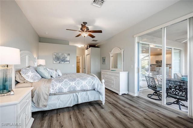 bedroom with access to exterior, ceiling fan, and wood-type flooring