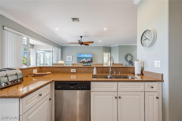 kitchen featuring white cabinets, ceiling fan, crown molding, sink, and dishwasher